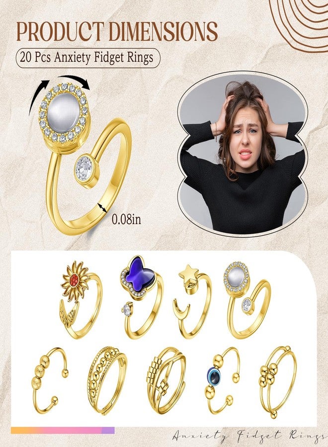 Highergo 20 Pcs Fidget Anxiety Rings for Women Alloy Open Adjustable Fidget Spinner Ring Rotatable Bead Rings for Adults Anxiety Relieving Stress (Gold) - Image 2